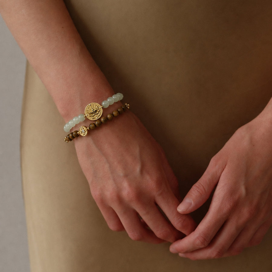Lotus Within · 18K Gold Vermeil / Rhodium Plated Sterling Silver Lotus & Fish Coin Double Wrap Green Sandalwood & Celadon Nephrite Jade Bracelet