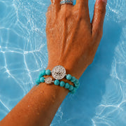 Lotus Within · 18K Gold Vermeil / Rhodium Plated Sterling Silver Lotus & Fish Coin Double Wrap Turquoise Bracelet