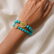 Lotus Within · 18K Gold Vermeil / Rhodium Plated Sterling Silver Lotus & Fish Coin Double Wrap Turquoise Bracelet