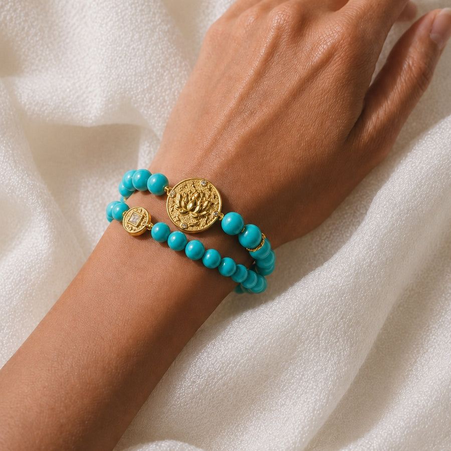 Lotus Within · 18K Gold Vermeil / Rhodium Plated Sterling Silver Lotus & Fish Coin Double Wrap Turquoise Bracelet