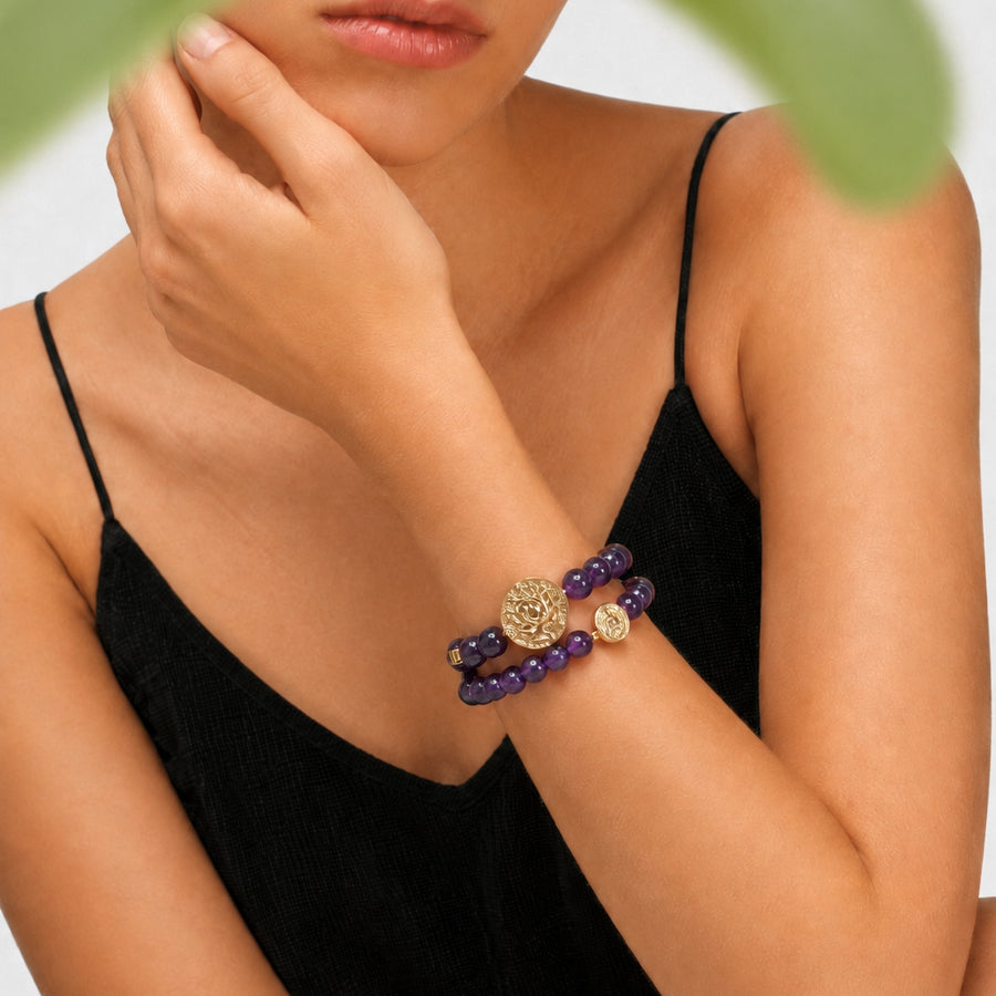Lotus Within · 18K Gold Vermeil / Rhodium Plated Sterling Silver Lotus & Fish Coin Double Wrap Amethyst Bracelet