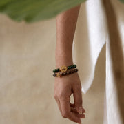 Lotus Within · 18K Gold Vermeil / Rhodium Plated Sterling Silver Lotus & Fish Coin Double Wrap Golden Sandalwood & Green Jade Bracelet