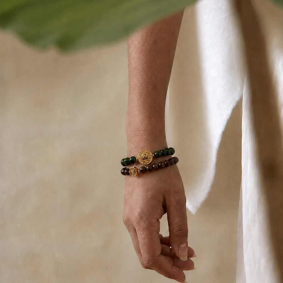 Lotus Within · 18K Gold Vermeil / Rhodium Plated Sterling Silver Lotus & Fish Coin Double Wrap Golden Sandalwood & Green Jade Bracelet