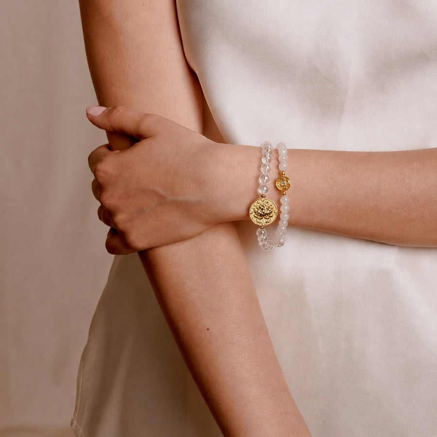 Lotus Within · 18K Gold Vermeil / Rhodium Plated Sterling Silver Lotus & Fish Coin Double Wrap Clear Quartz & White Nephrite Bracelet