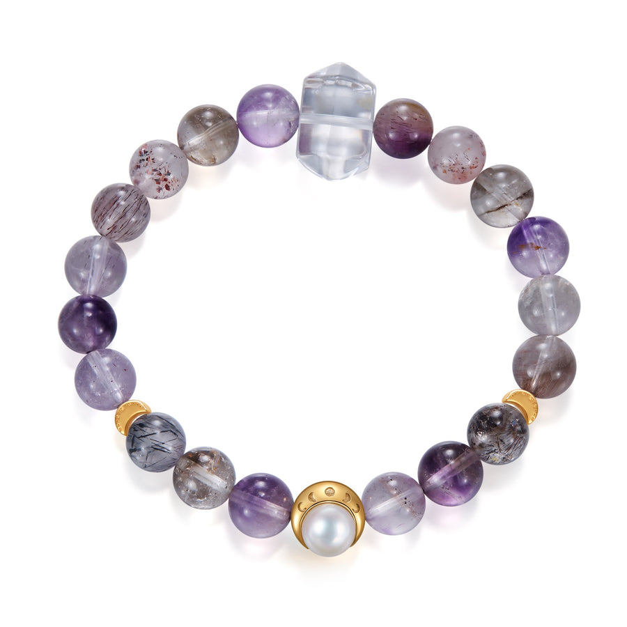 Mystic Veil / Lunar Phase& Moon Amethyst Super Seven Clear Quartz  Crystal Bracelet