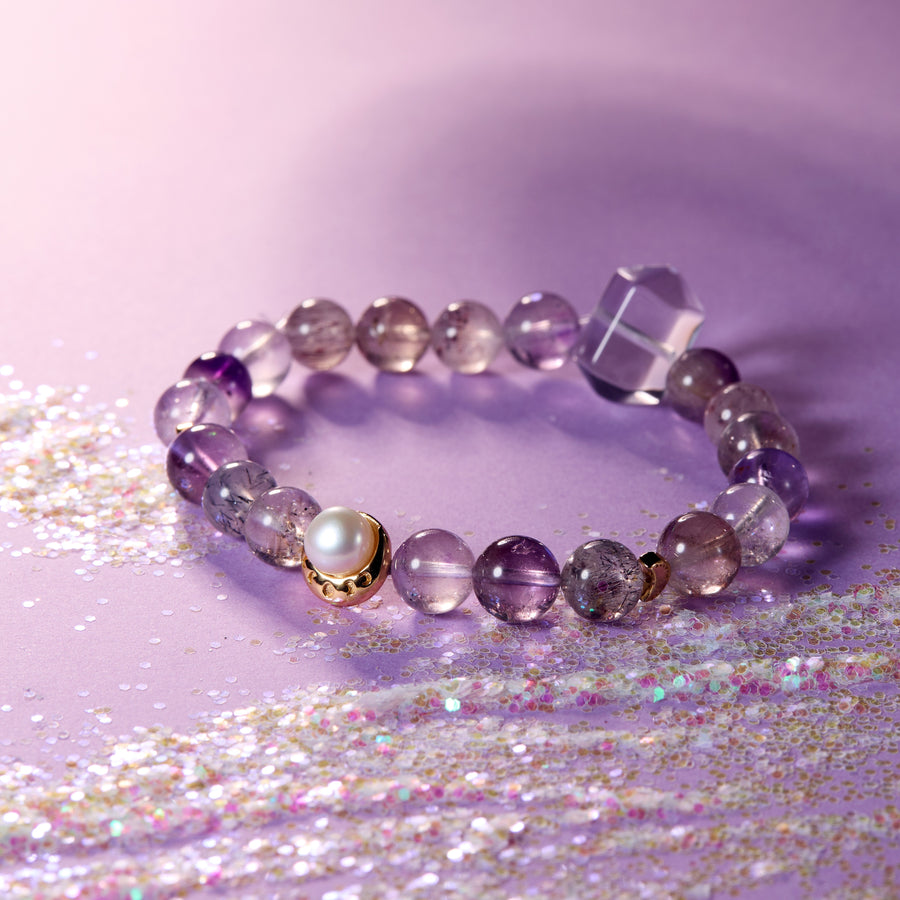 Mystic Veil / Lunar Phase& Moon Amethyst Super Seven Clear Quartz  Crystal Bracelet