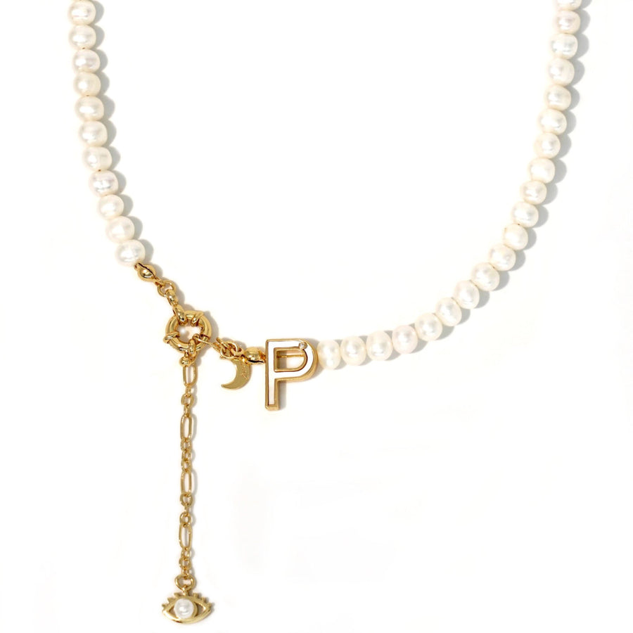 'The Alphabet Collection' 18K gold plated 26 Letter Mother of Pearl Shell Pendant Diamond Pearl Necklace