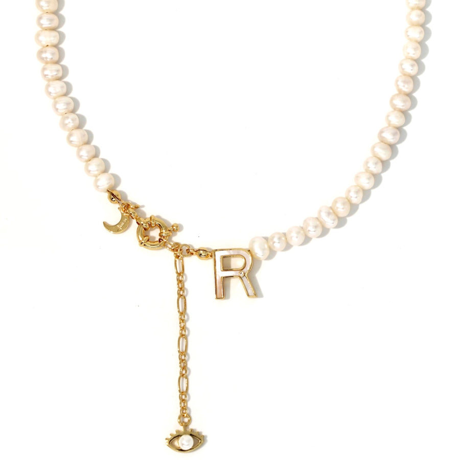 'The Alphabet Collection' 18K gold plated 26 Letter Mother of Pearl Shell Pendant Diamond Pearl Necklace