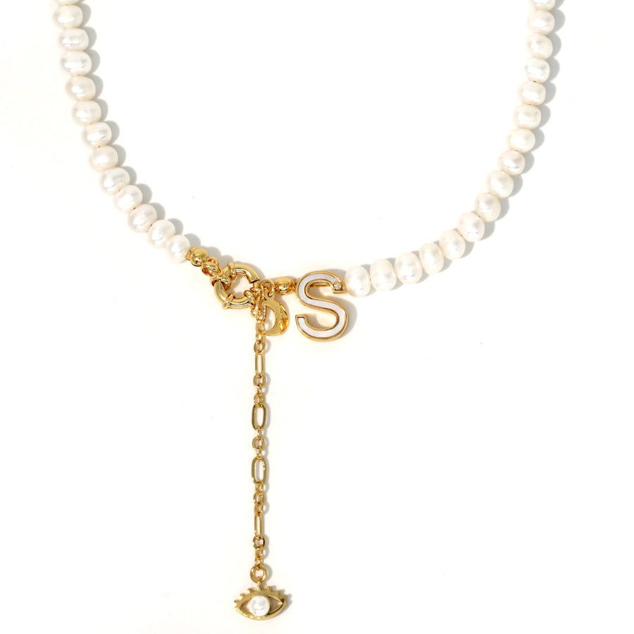 'The Alphabet Collection' 18K gold plated 26 Letter Mother of Pearl Shell Pendant Diamond Pearl Necklace