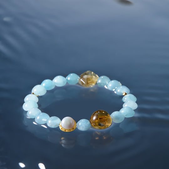 Solar Voice / Lunar Phase& Moon Aquamarine Citrine Crystal Bracelet