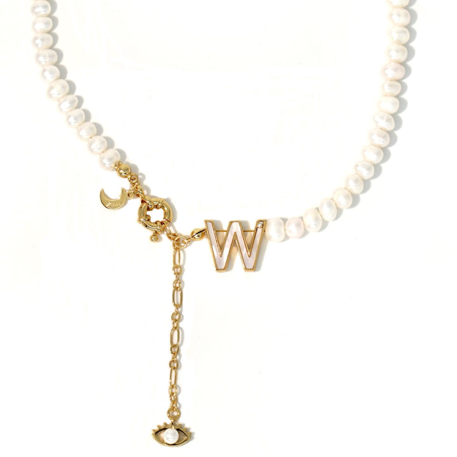 'The Alphabet Collection' 18K gold plated 26 Letter Mother of Pearl Shell Pendant Diamond Pearl Necklace