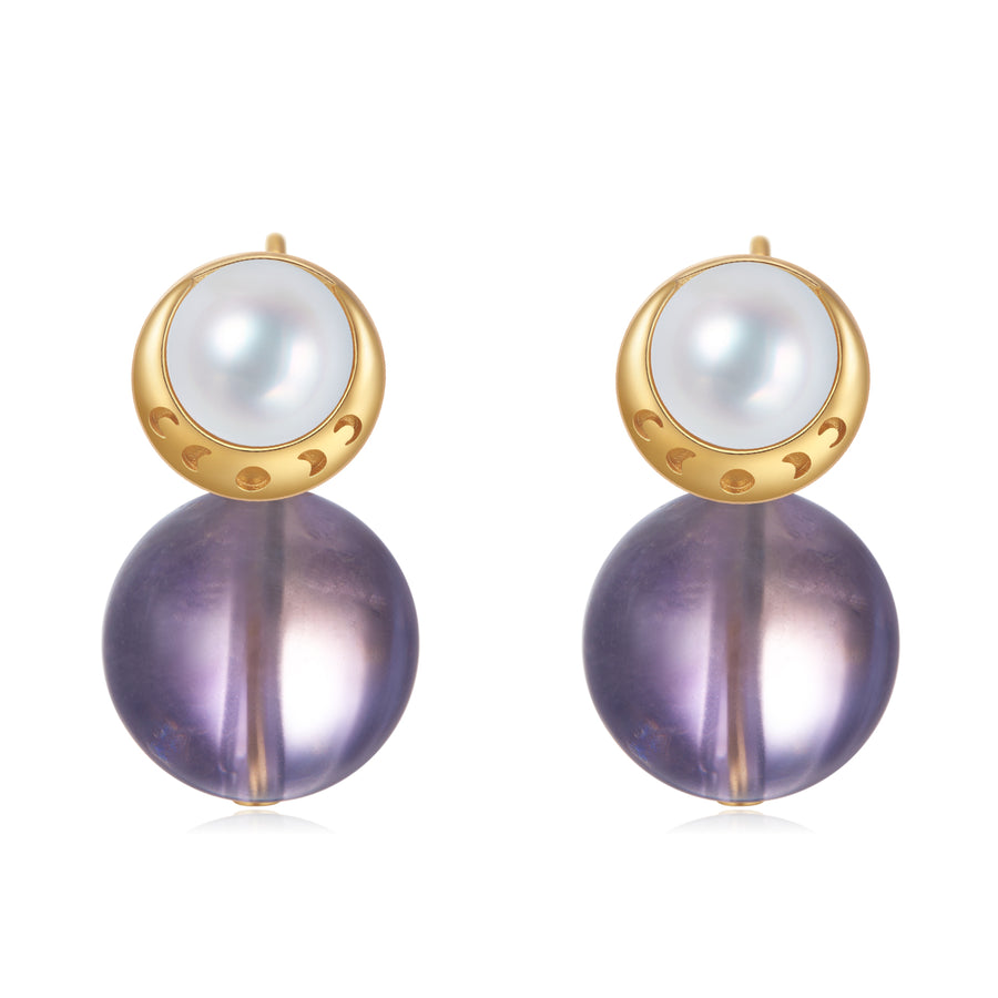 Starry Moon / Lunar Phase Pearl & Moon Crystal Stud Earrings