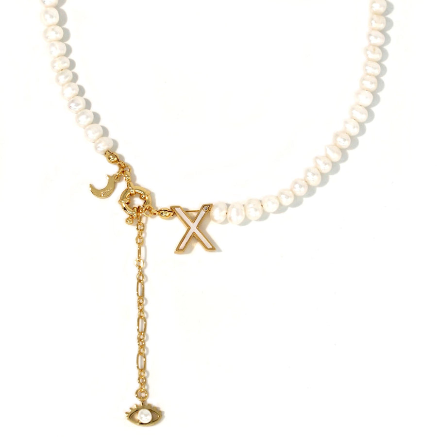 'The Alphabet Collection' 18K gold plated 26 Letter Mother of Pearl Shell Pendant Diamond Pearl Necklace