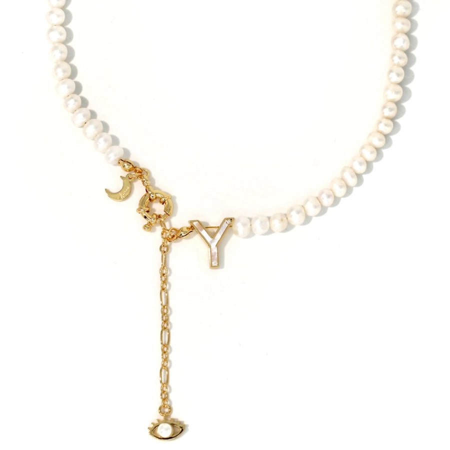 'The Alphabet Collection' 18K gold plated 26 Letter Mother of Pearl Shell Pendant Diamond Pearl Necklace