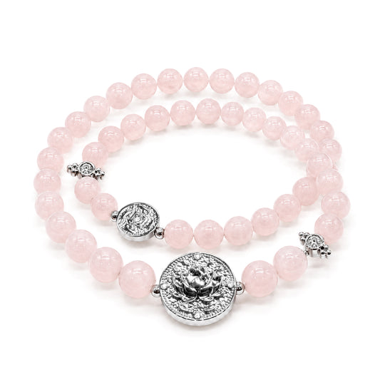 Lotus Within · 18K Gold Vermeil / Rhodium Plated Sterling Silver Lotus & Fish Coin Double Wrap Rose Quartz Bracelet
