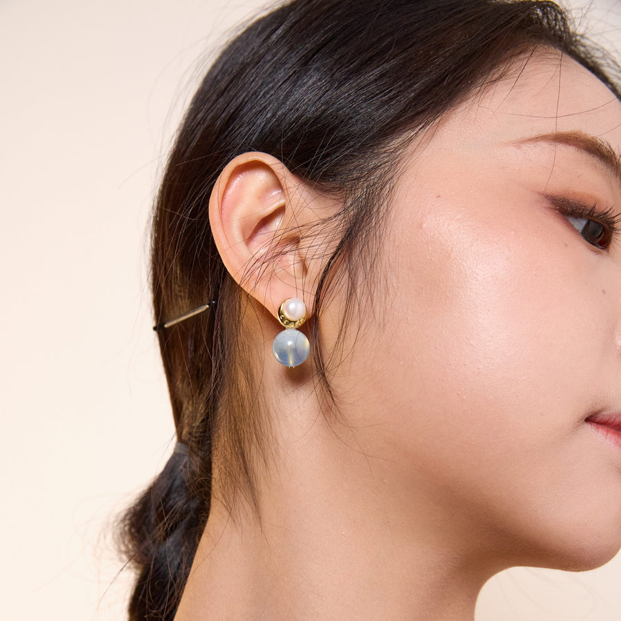 Starry Moon / Lunar Phase Pearl & Moon Crystal Stud Earrings