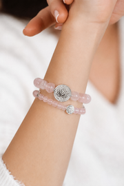 Lotus Within · 18K Gold Vermeil / Rhodium Plated Sterling Silver Lotus & Fish Coin Double Wrap Rose Quartz Bracelet
