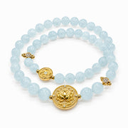 Lotus Within · 18K Gold Vermeil / Rhodium Plated Sterling Silver Lotus & Fish Coin Double Wrap Aquamarine Bracelet
