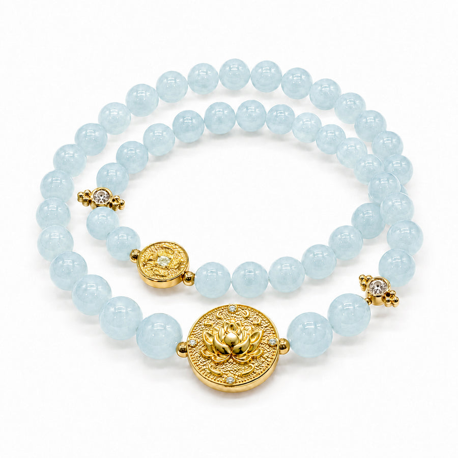 Lotus Within · 18K Gold Vermeil / Rhodium Plated Sterling Silver Lotus & Fish Coin Double Wrap Aquamarine Bracelet
