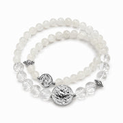 Lotus Within · 18K Gold Vermeil / Rhodium Plated Sterling Silver Lotus & Fish Coin Double Wrap Clear Quartz & White Nephrite Bracelet