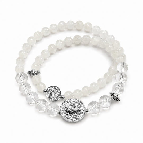Lotus Within · 18K Gold Vermeil / Rhodium Plated Sterling Silver Lotus & Fish Coin Double Wrap Clear Quartz & White Nephrite Bracelet