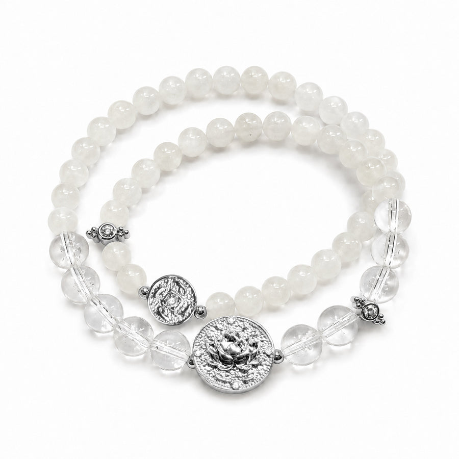 Lotus Within · 18K Gold Vermeil / Rhodium Plated Sterling Silver Lotus & Fish Coin Double Wrap Clear Quartz & White Nephrite Bracelet