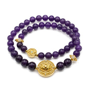 Lotus Within · 18K Gold Vermeil / Rhodium Plated Sterling Silver Lotus & Fish Coin Double Wrap Amethyst Bracelet