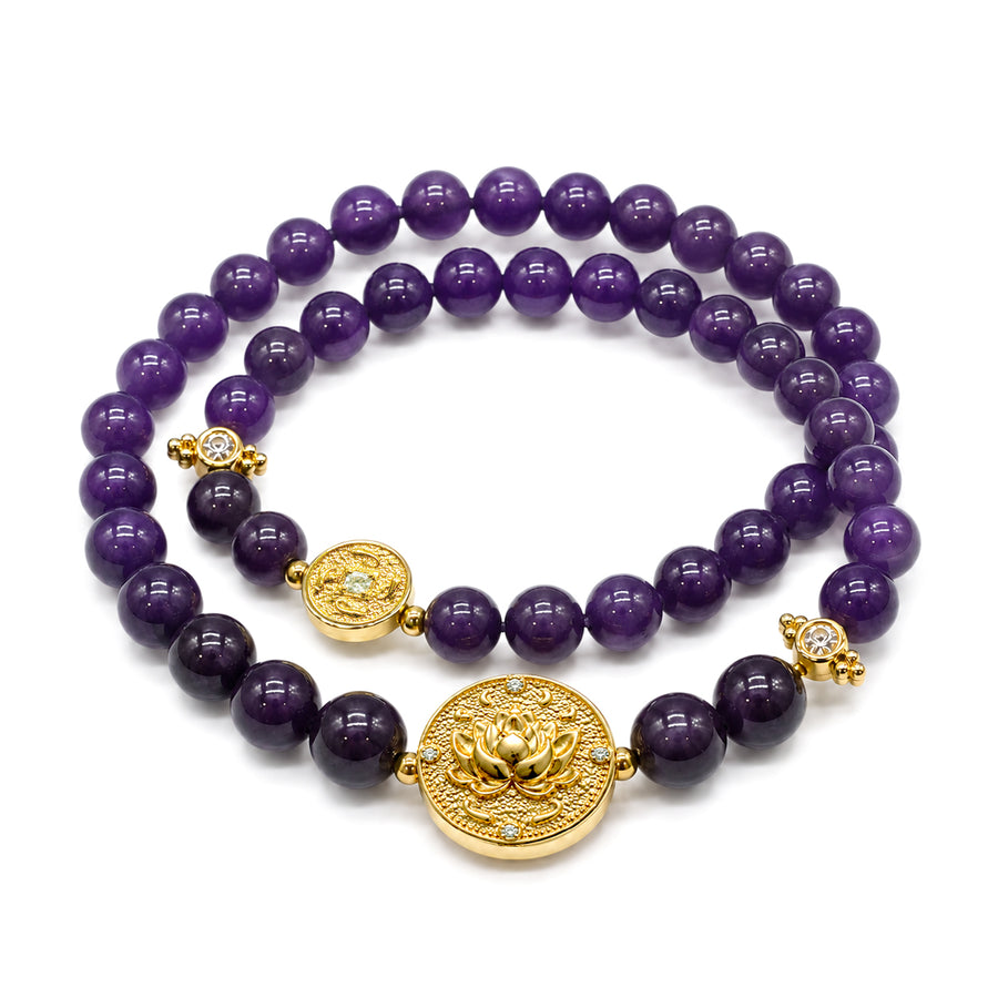 Lotus Within · 18K Gold Vermeil / Rhodium Plated Sterling Silver Lotus & Fish Coin Double Wrap Amethyst Bracelet