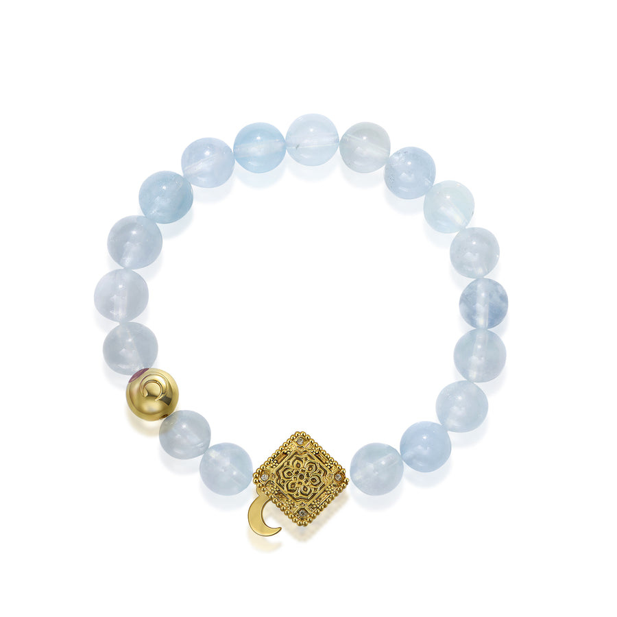 「Three Charms」 Sundial &Lotus& The endless love knot Aquamarine beaded bracelet