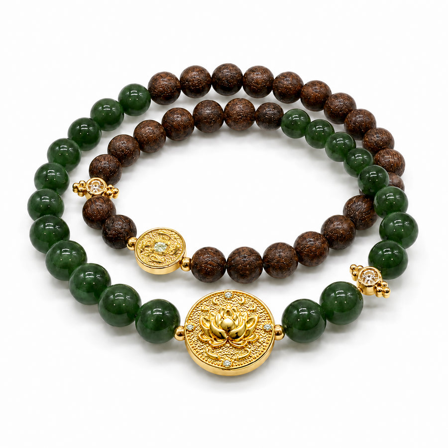 Lotus Within · 18K Gold Vermeil / Rhodium Plated Sterling Silver Lotus & Fish Coin Double Wrap Golden Sandalwood & Green Jade Bracelet