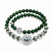 Lotus Within · 18K Gold Vermeil / Rhodium Plated Sterling Silver Lotus & Fish Coin Double Wrap Green Phantom Quartz & Green Nephrite Jade Bracelet