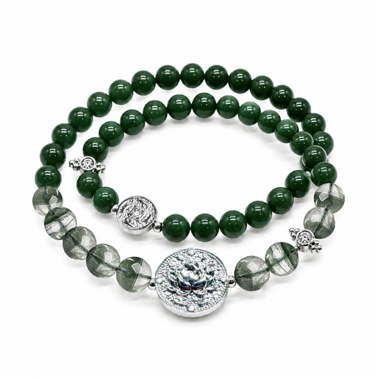 Lotus Within · 18K Gold Vermeil / Rhodium Plated Sterling Silver Lotus & Fish Coin Double Wrap Green Phantom Quartz & Green Nephrite Jade Bracelet