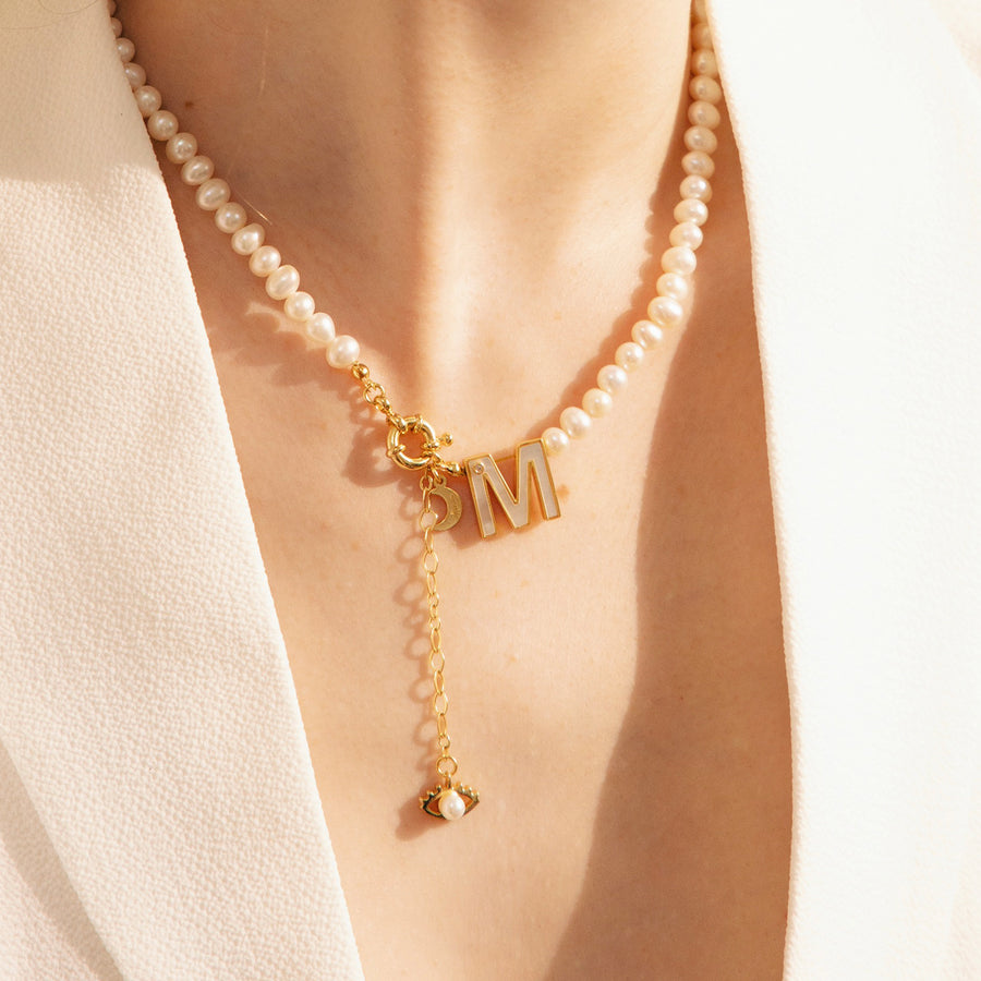 'The Alphabet Collection' 18K gold plated 26 Letter Mother of Pearl Shell Pendant Diamond Pearl Necklace