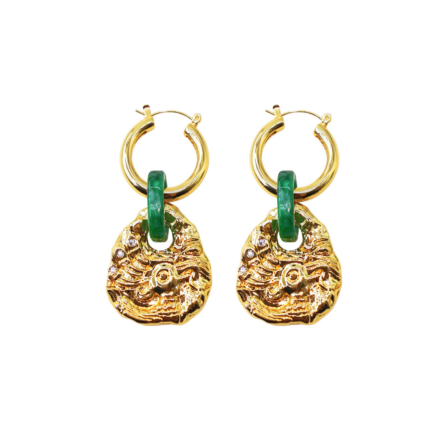LOVE ODYSSEY 18K Gold / Platinum Plated Ancient Bronze Phoenix Coin Drop Earrings